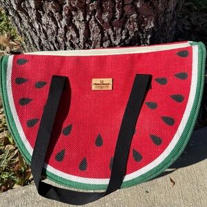 Watermelon Print Tote Bag Cooler with Black Straps Jute Outside Insulated inside